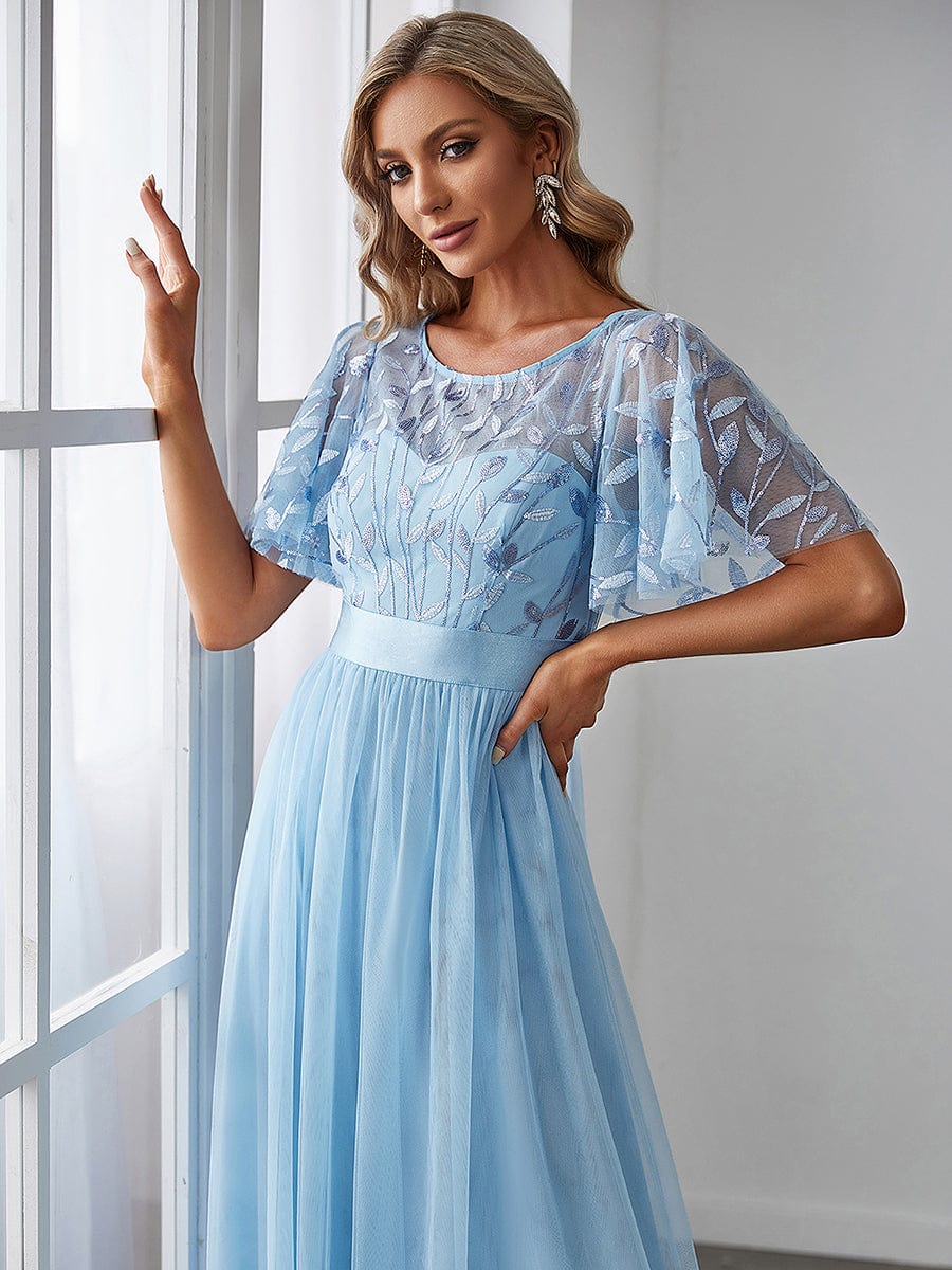 Women's A-Line Short Sleeve Embroidery Floor Length Wedding Guest Dresses