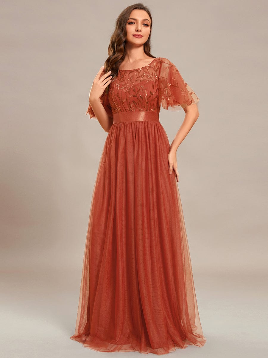 Women's A-Line Short Sleeve Embroidery Floor Length Wedding Guest Dresses