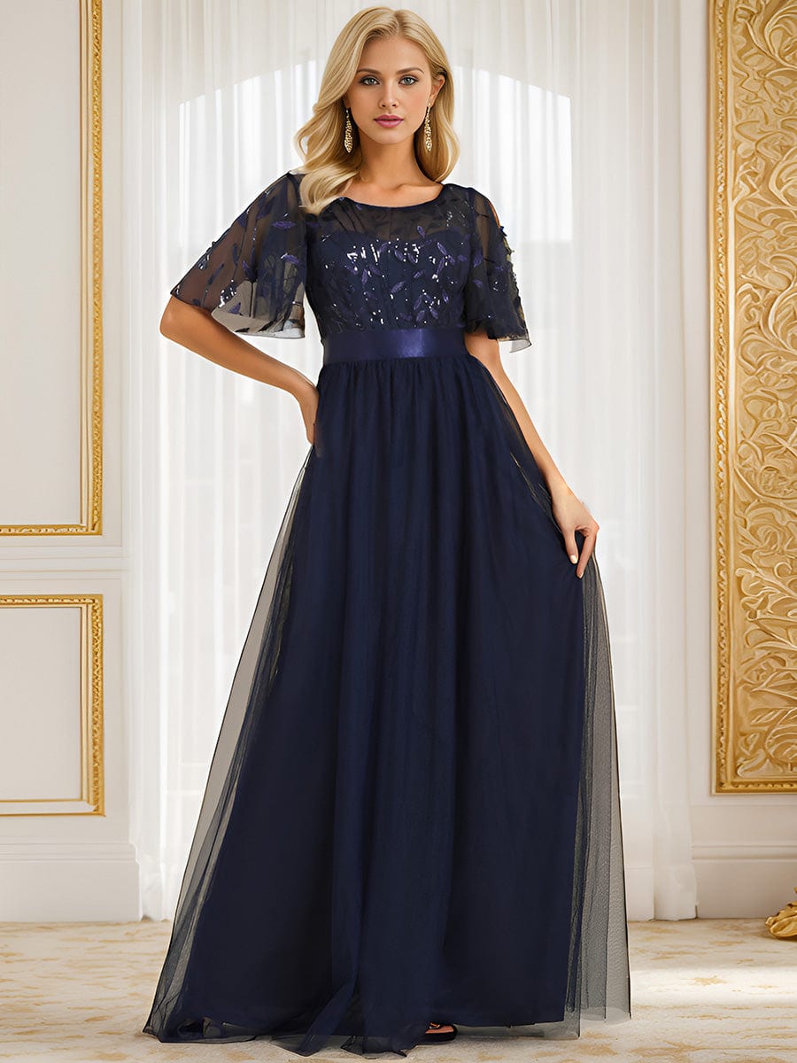 Women's A-Line Short Sleeve Embroidery Floor Length Wedding Guest Dresses