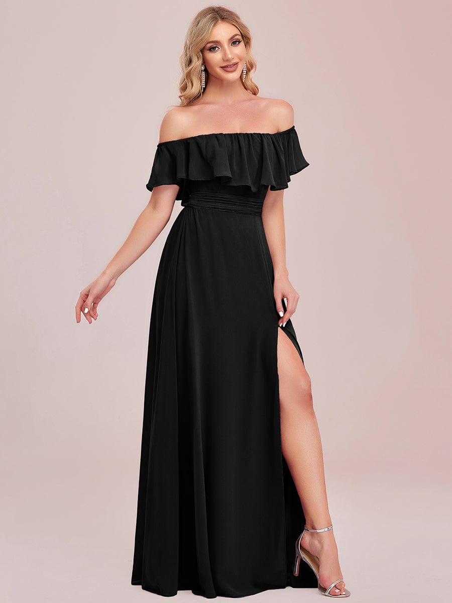 Women's Off-The-Shoulder Ruffle Thigh Split Bridesmaid Dresses