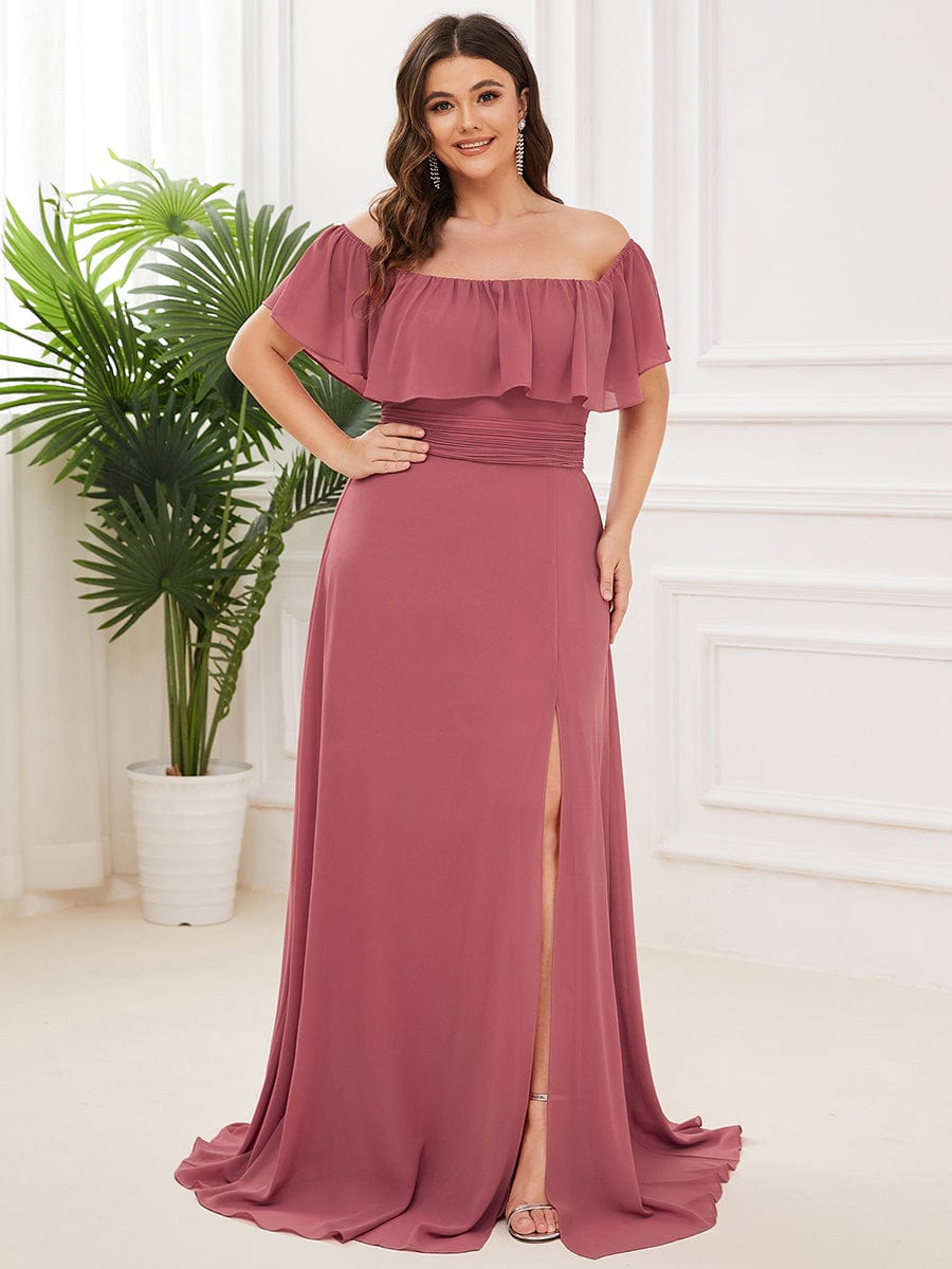 Plus Size Off-The-Shoulder Ruffle Thigh Split Bridesmaid Dress