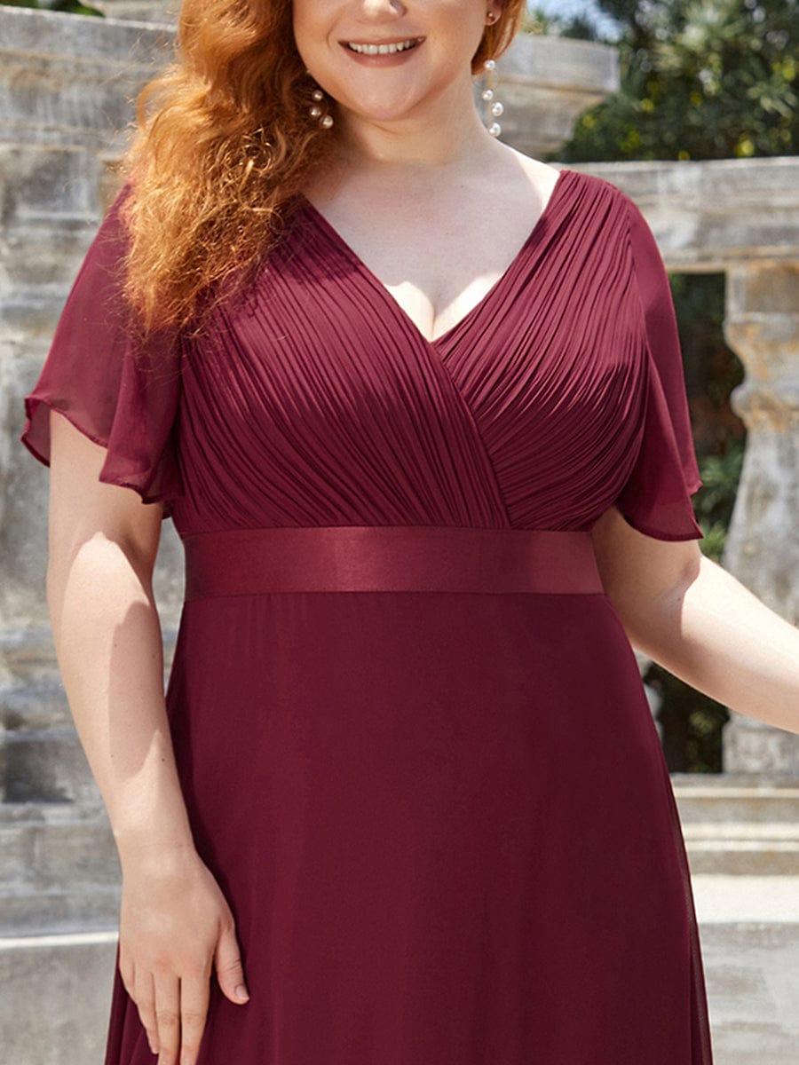 Plus Size Long Empire Waist Bridesmaid Dress with Short Flutter Sleeves