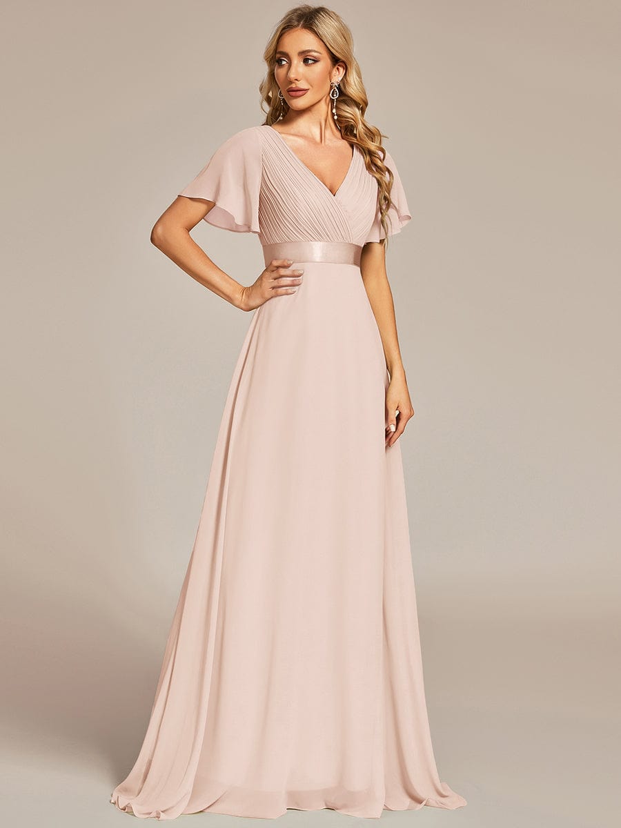 Long Empire Waist Bridesmaid Dress with Short Flutter Sleeves