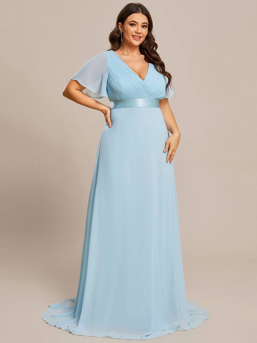 Long Empire Waist Bridesmaid Dress with Short Flutter Sleeves