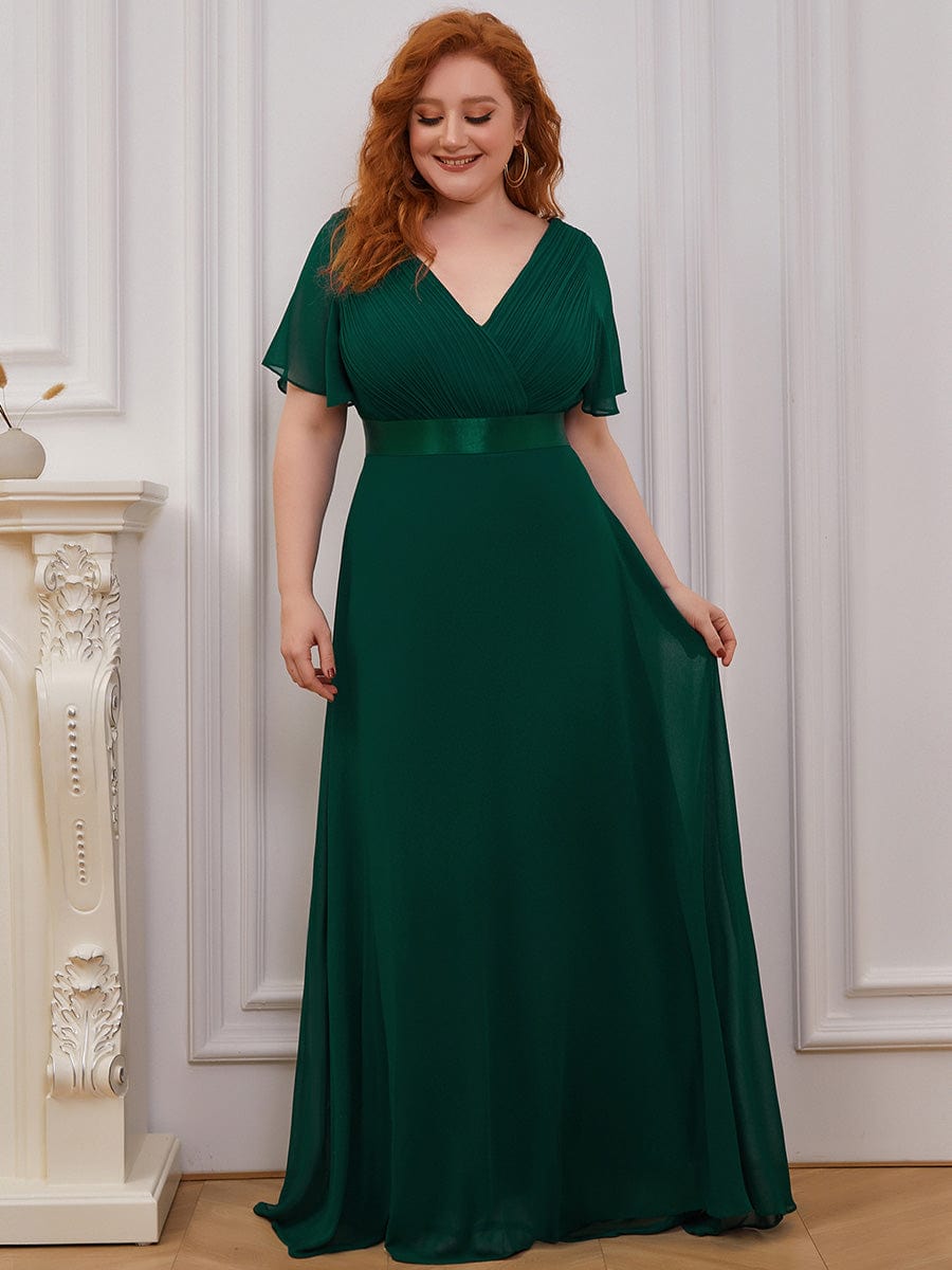 Plus Size Long Empire Waist Bridesmaid Dress with Short Flutter Sleeves