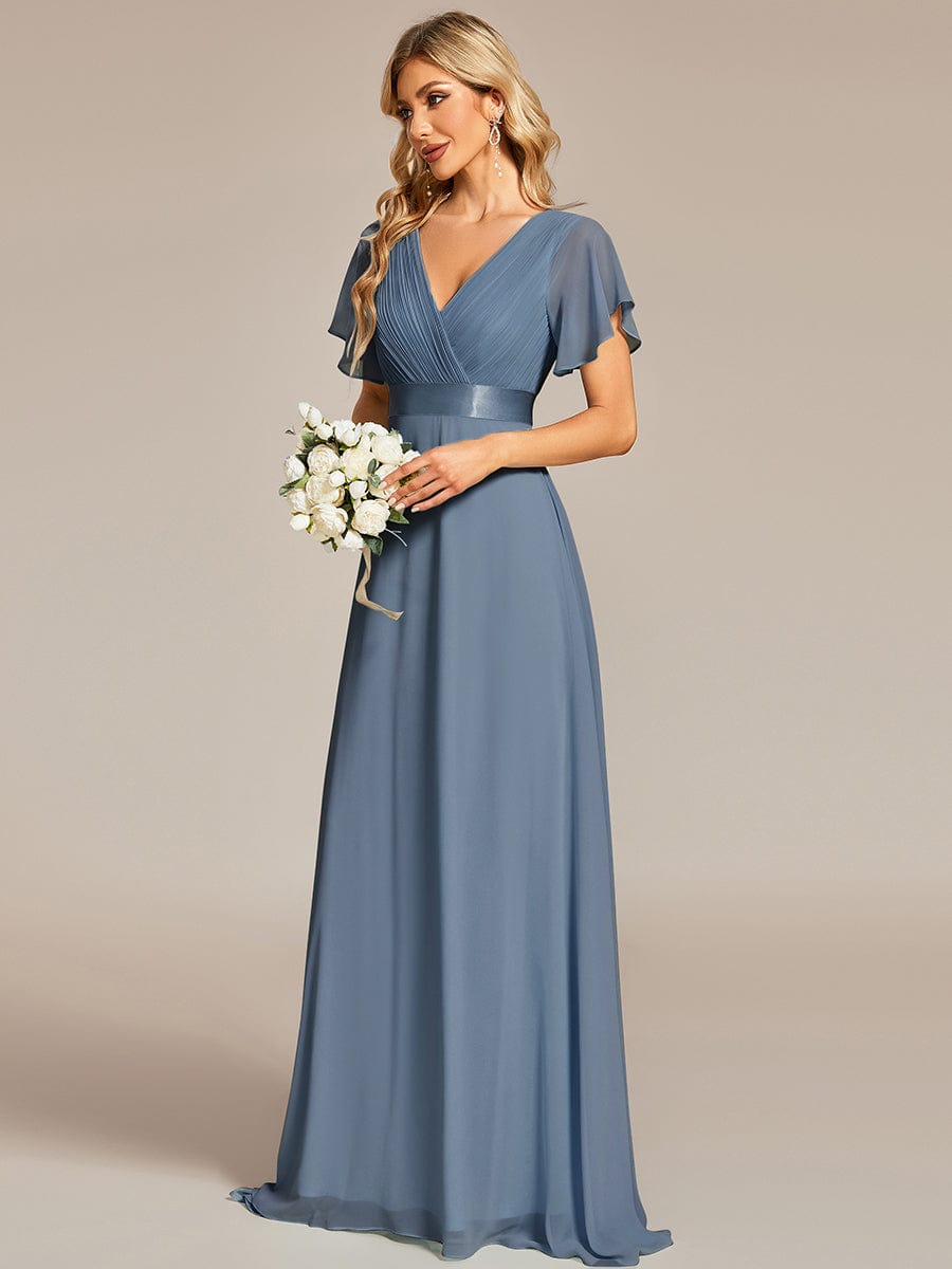 Long Empire Waist Bridesmaid Dress with Short Flutter Sleeves