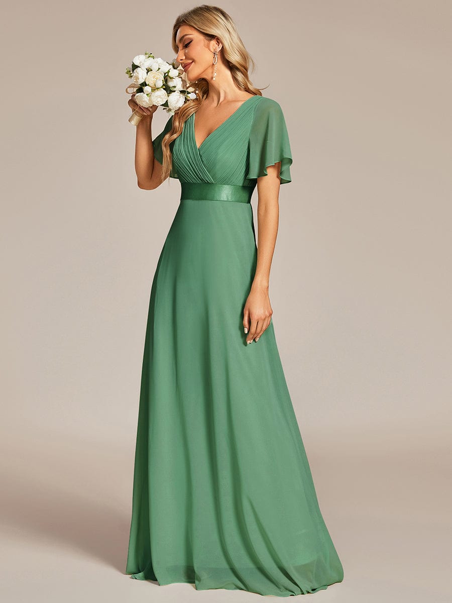 Long Empire Waist Bridesmaid Dress with Short Flutter Sleeves