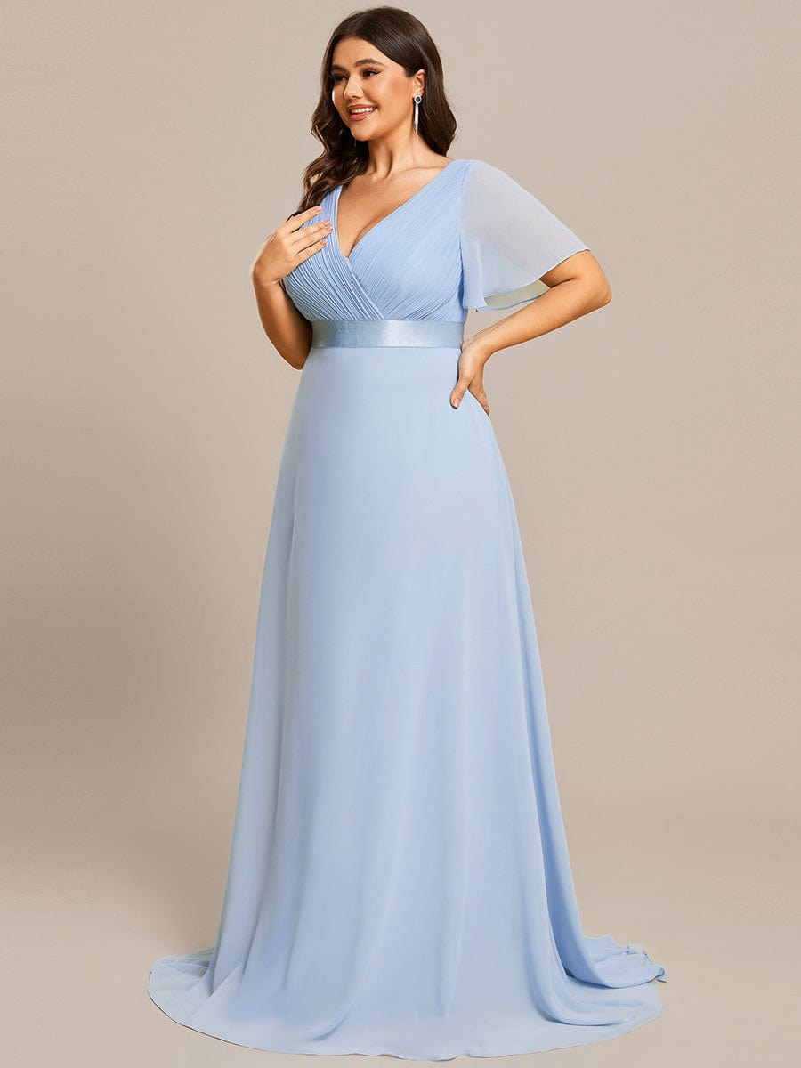 Plus Size Long Empire Waist Bridesmaid Dress with Short Flutter Sleeves