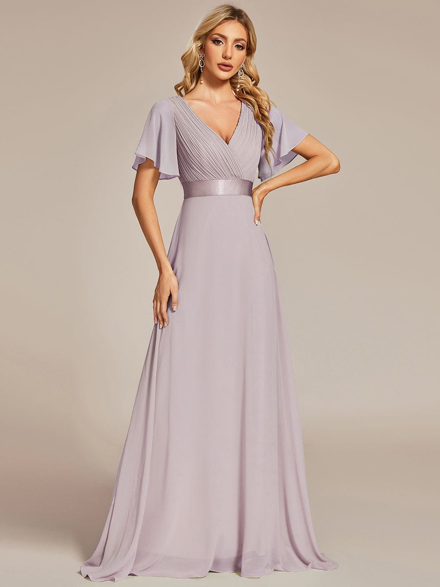 Long Empire Waist Bridesmaid Dress with Short Flutter Sleeves