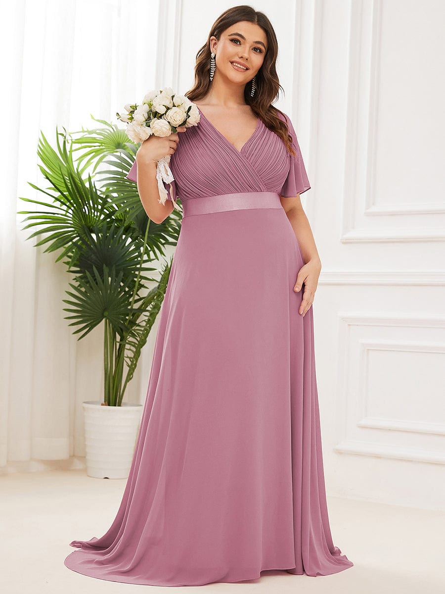 Long Empire Waist Bridesmaid Dress with Short Flutter Sleeves