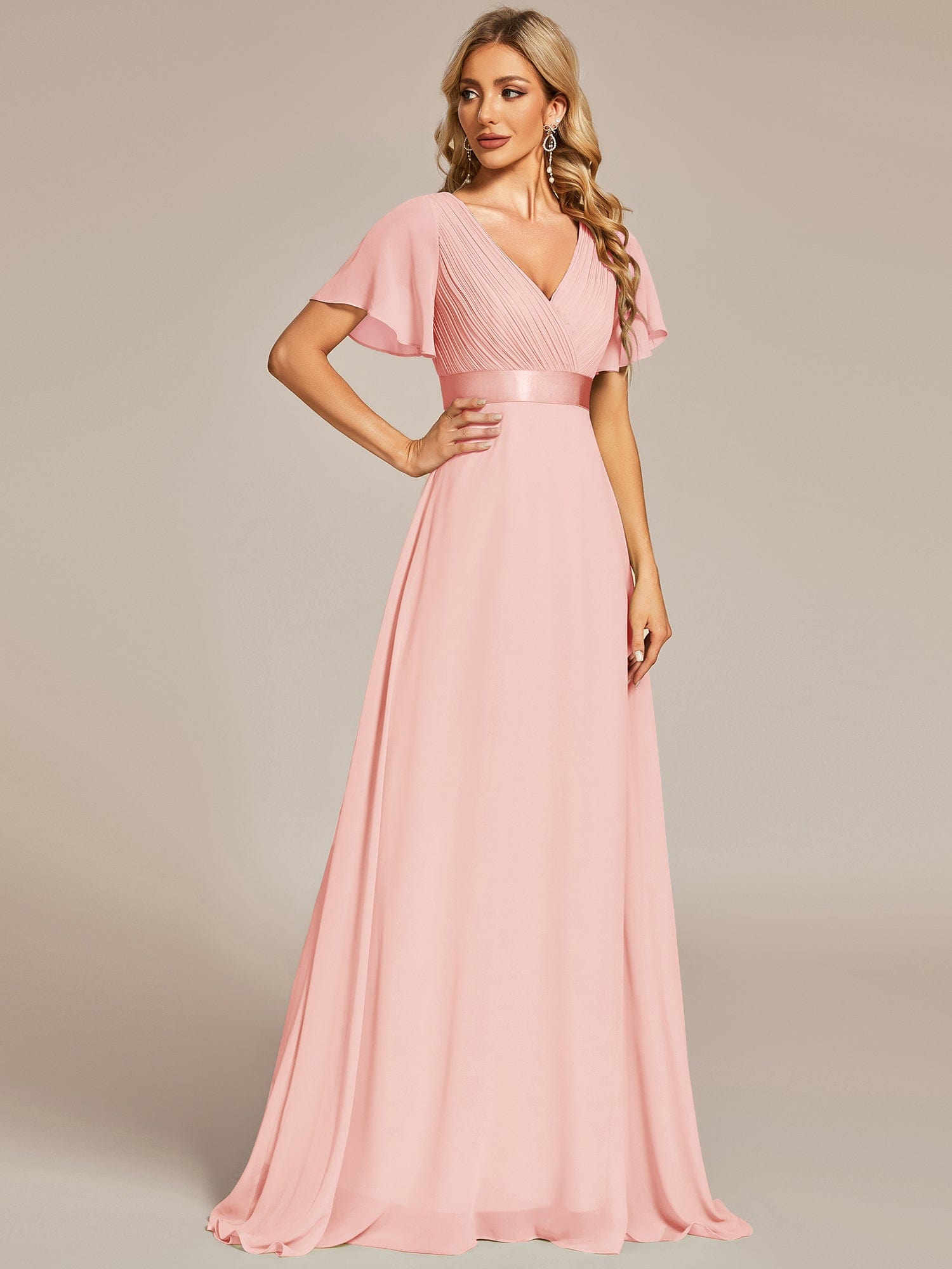 Long Empire Waist Bridesmaid Dress with Short Flutter Sleeves