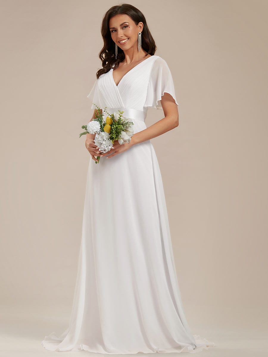 Long Empire Waist Bridesmaid Dress with Short Flutter Sleeves