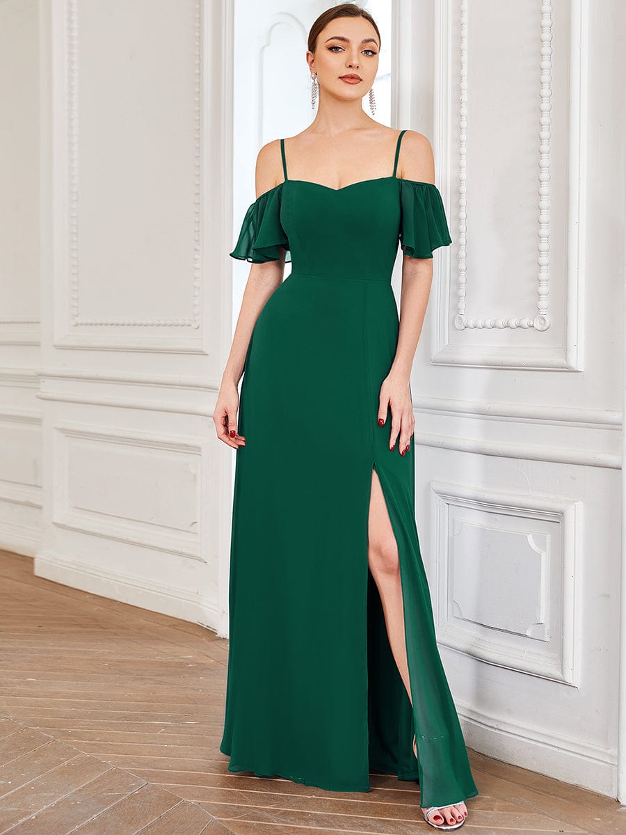 Stylish Cold-Shoulder Floor Length Bridesmaid Dress with Side Slit