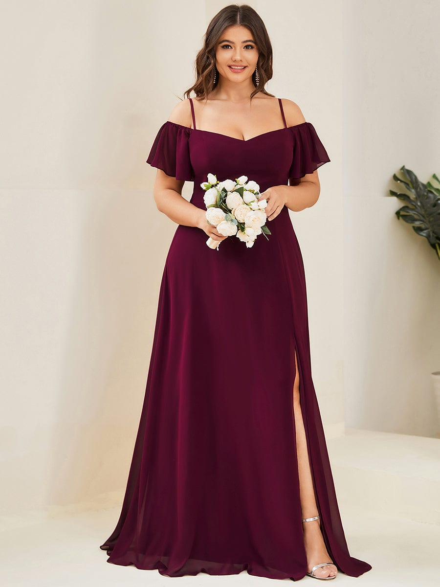 Plus-Size Cold-Shoulder V-neck Bridesmaid Dress with Side Slit