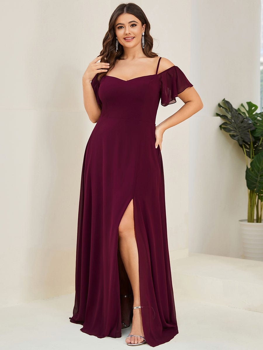 Plus-Size Cold-Shoulder V-neck Bridesmaid Dress with Side Slit