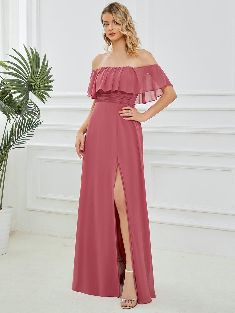 Women's Off-The-Shoulder Ruffle Thigh Split Bridesmaid Dresses