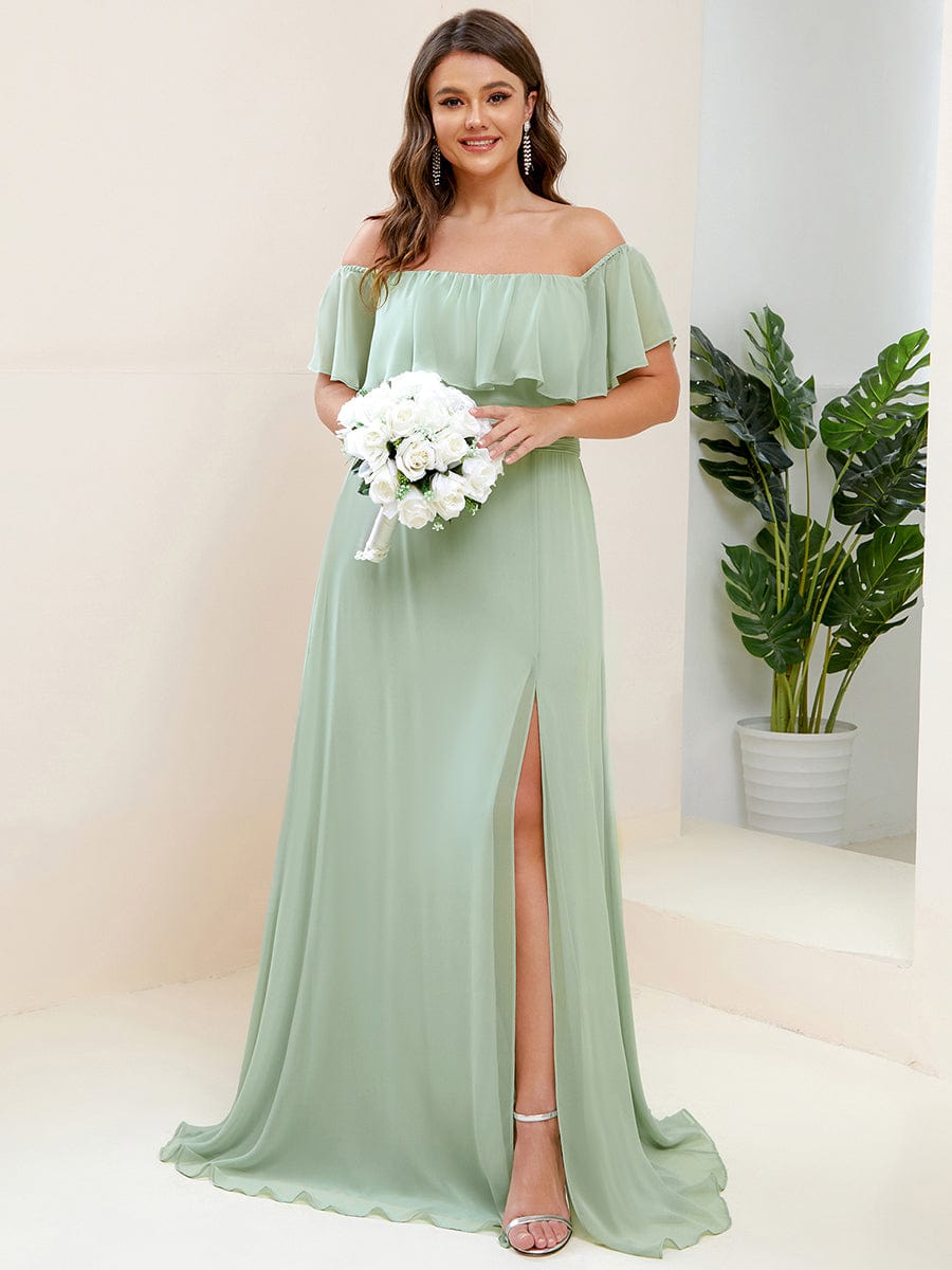 Women's Off-The-Shoulder Ruffle Thigh Split Bridesmaid Dresses