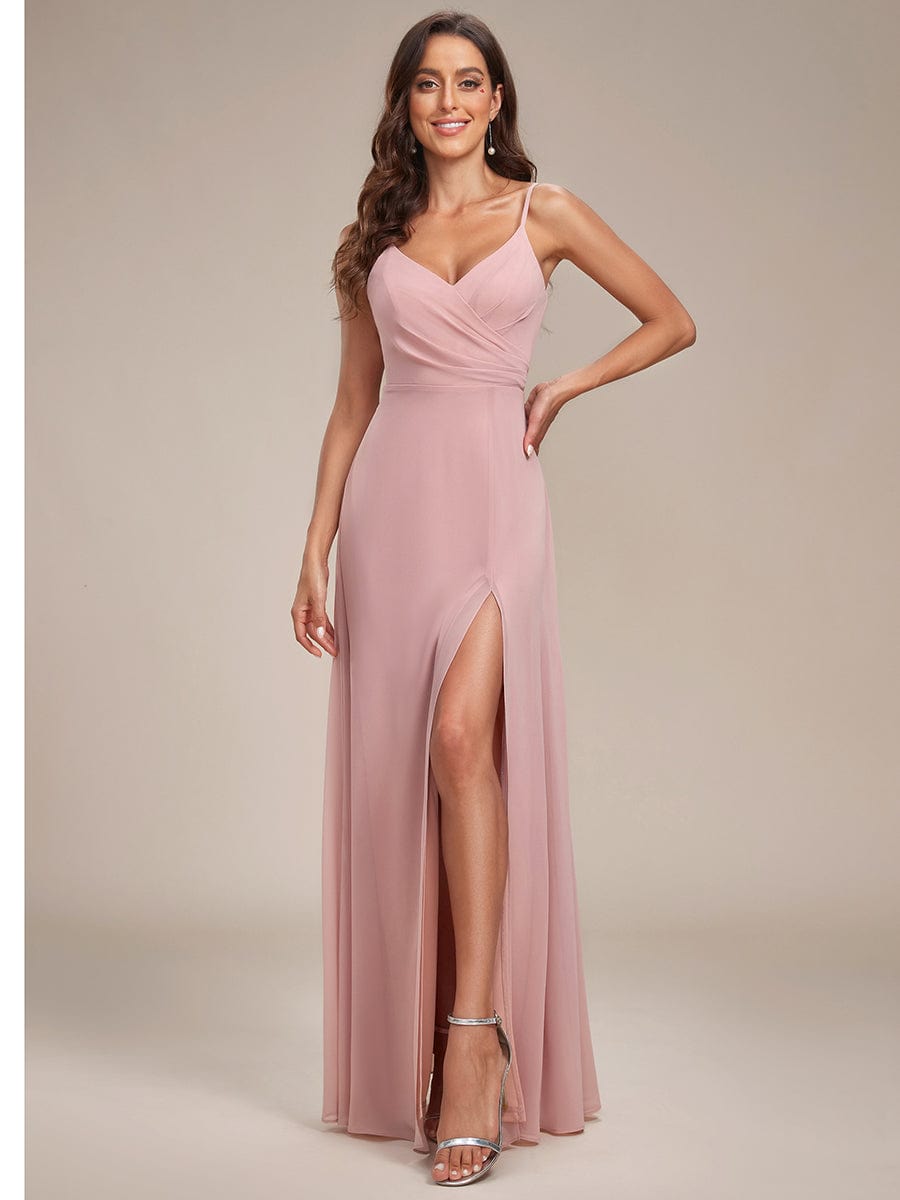 Spaghetti Strap Pleated V-Neck High Slit Bridesmaid Dress