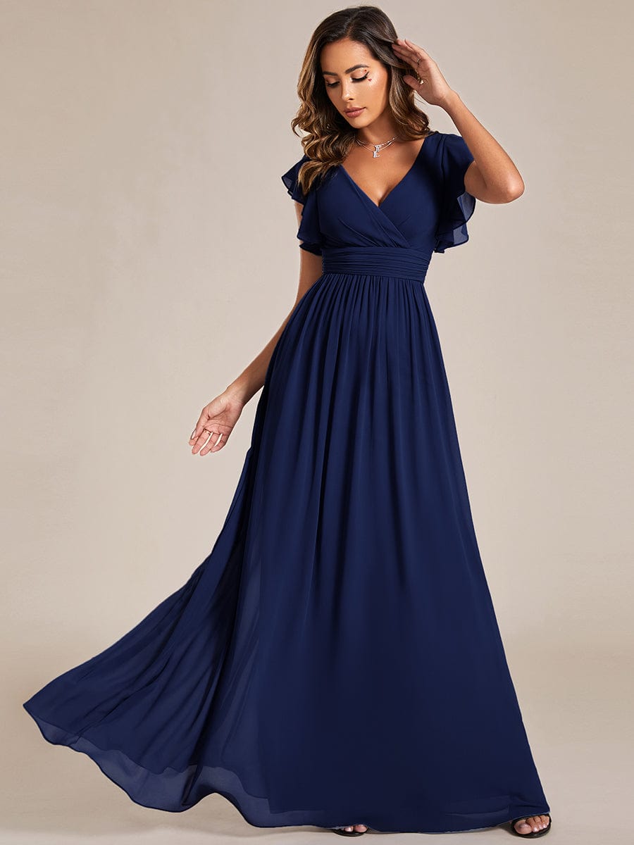 Elegant V-Neck Open Back Chiffon Bridesmaid Dress with Ruffled Sleeves