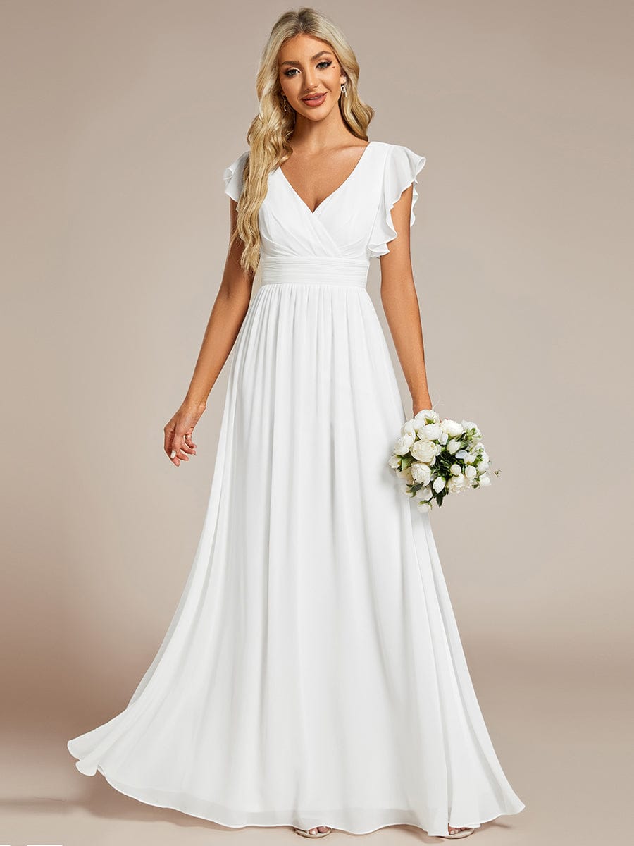 Elegant V-Neck Open Back Chiffon Bridesmaid Dress with Ruffled Sleeves