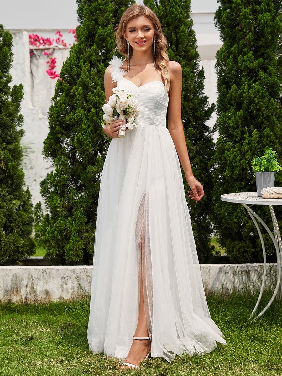 Elegant One Shoulder Maxi Tulle High Slit Bridesmaid Dress