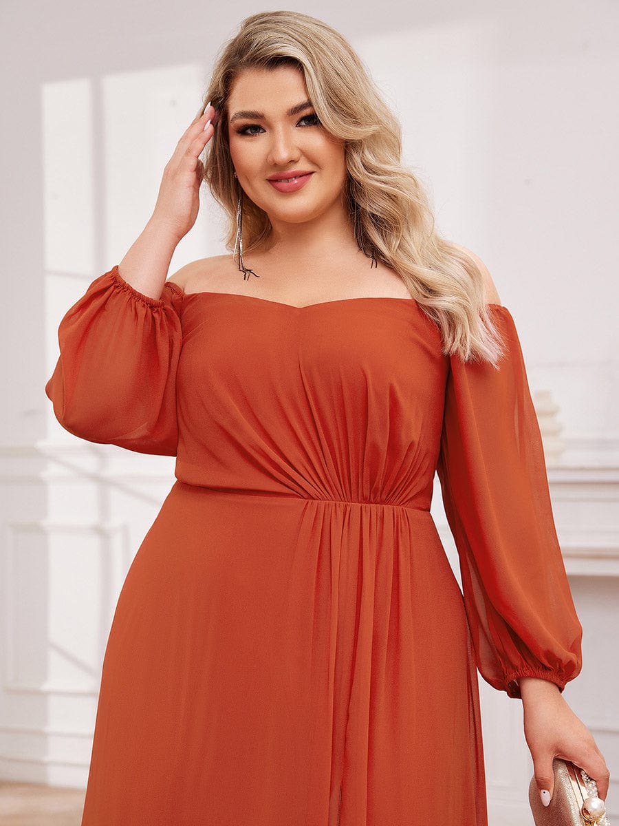 Plus Size Long-Sleeved Chiffon Off Shoulder Bridesmaid Dresses with High Slit