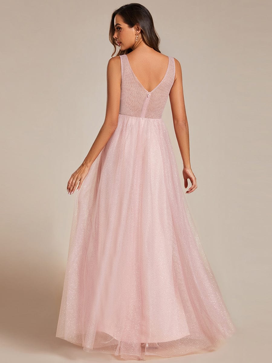 High Waist and Slit Glittering Bridesmaid Dress with V-Neck