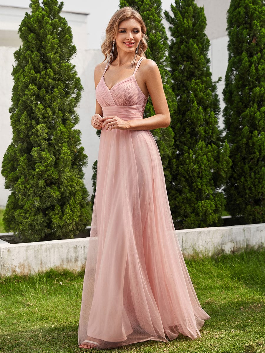 Lace Back Cross-Strap V-Neck Pleated Sleeveless Tulle Bridesmaid Dress