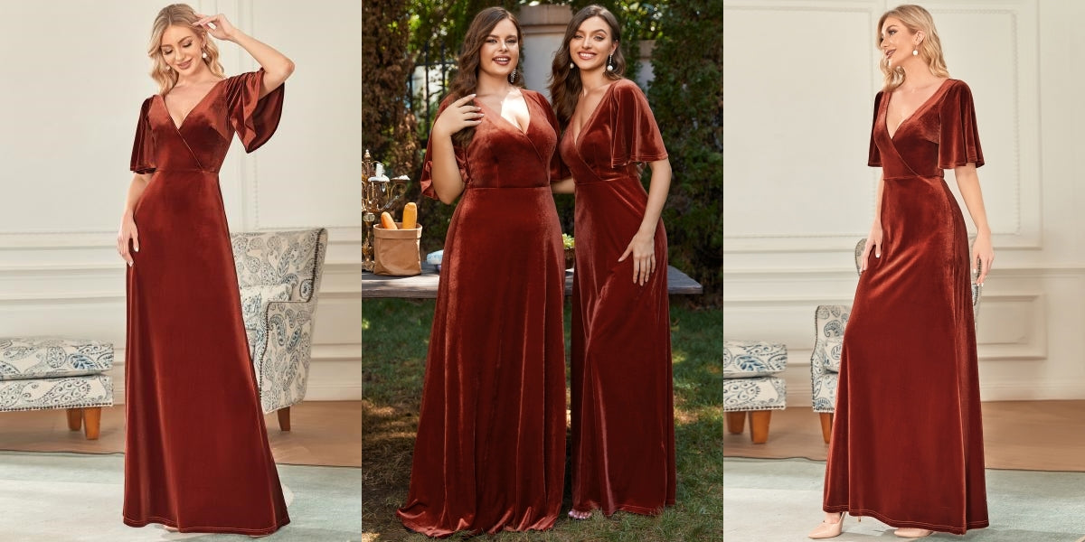 Elegant Double V Neck Velvet Bridesmaid Dress for Women