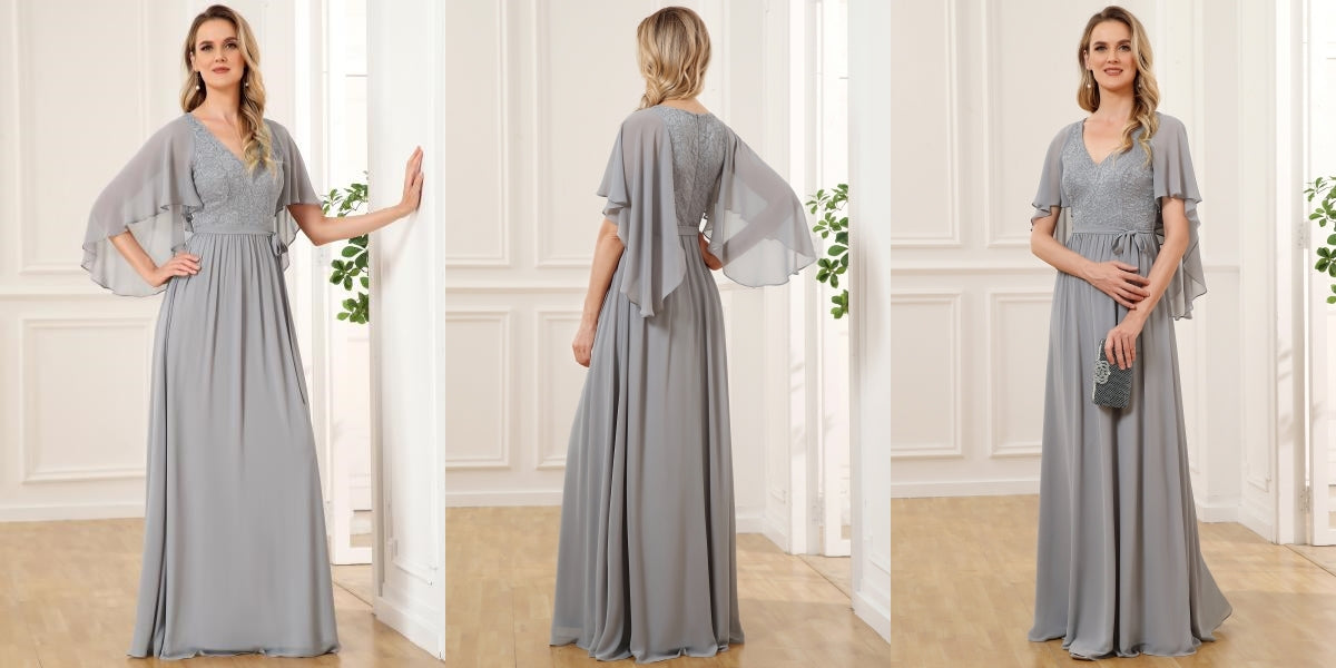 Elegant Maxi V Neck Chiffon Wedding Guest Dress with Sleeves