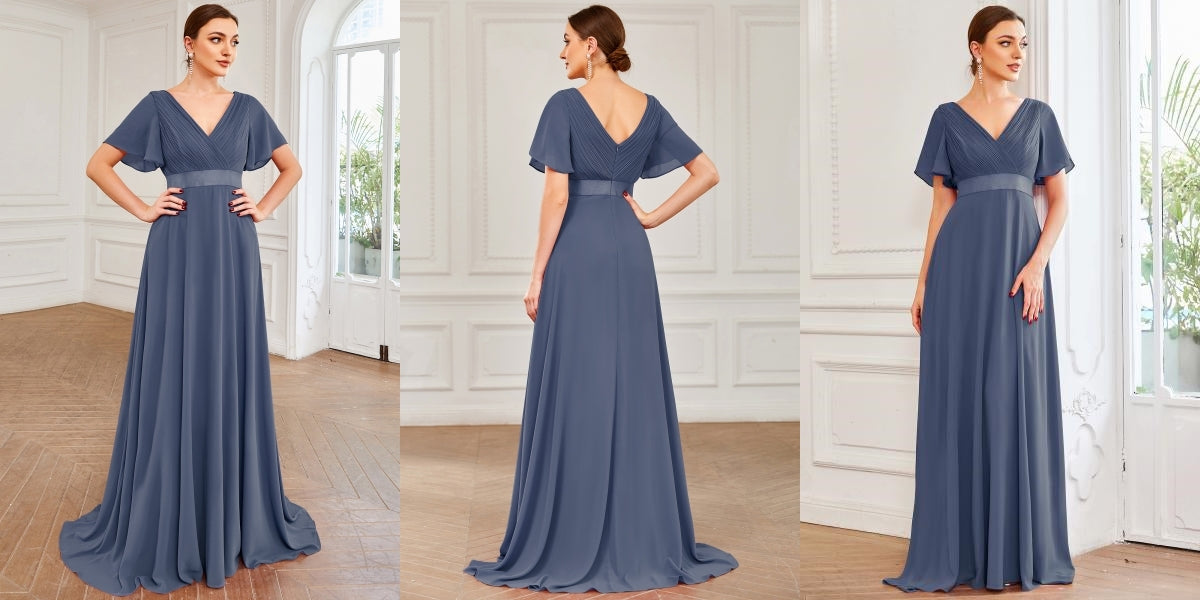 Flutter Sleeves Empire Waist Long Chiffon Bridesmaid Dress