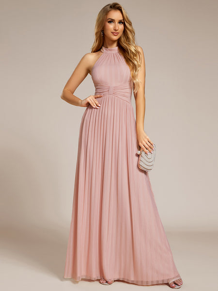 Halter Neck Pink Pleated Maxi Dress