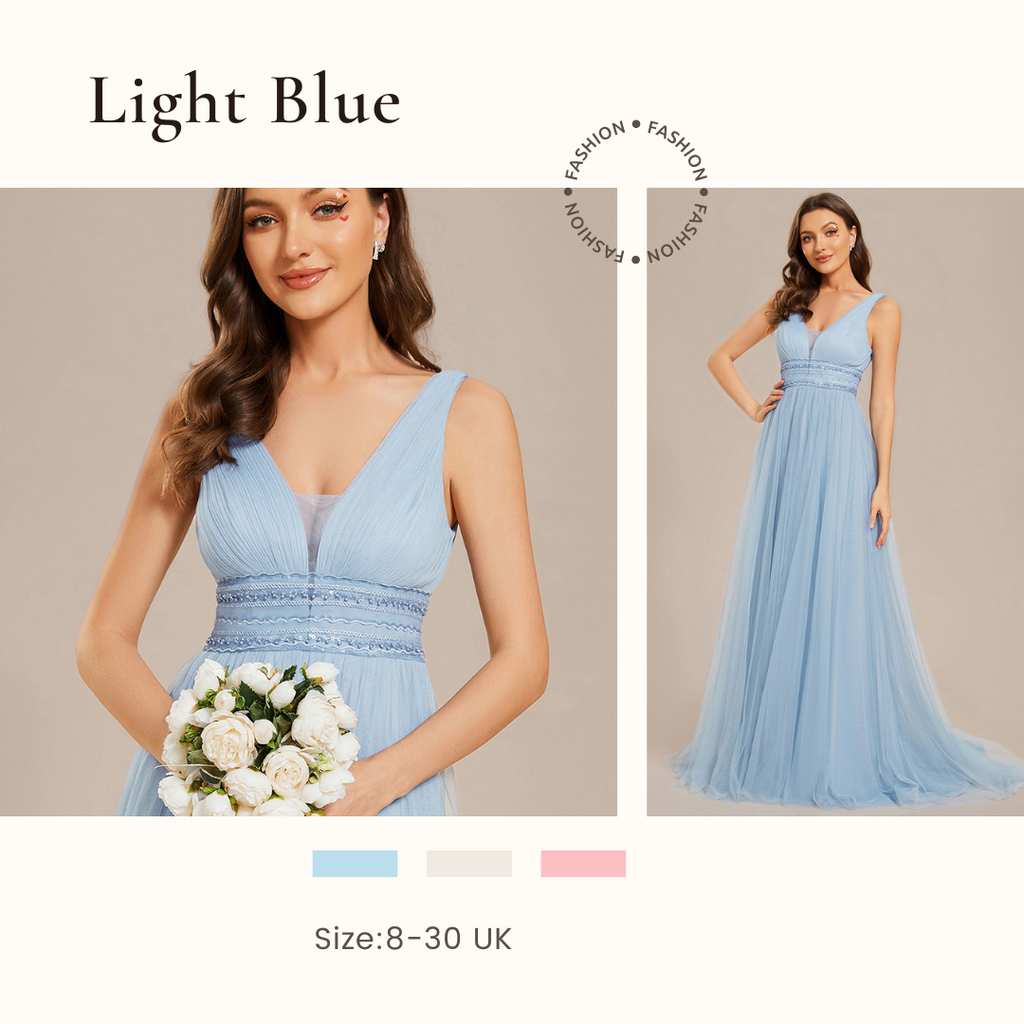 Light Blue Sleeveless Deep V Low Back Long Wedding Dress