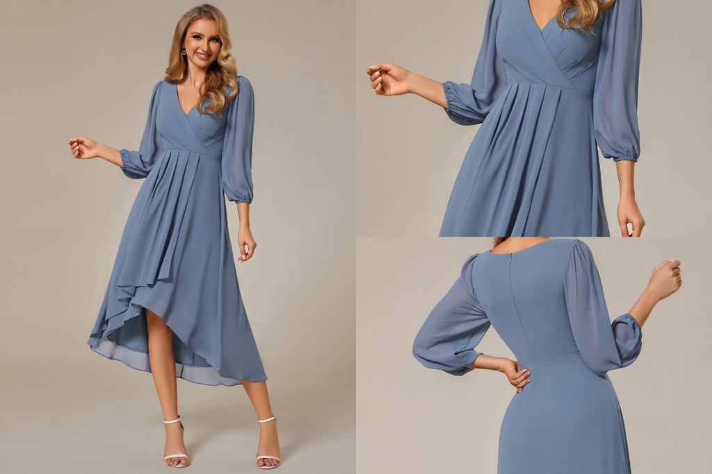 Long Sleeve V-Neck High Low Chiffon Dress in light blue