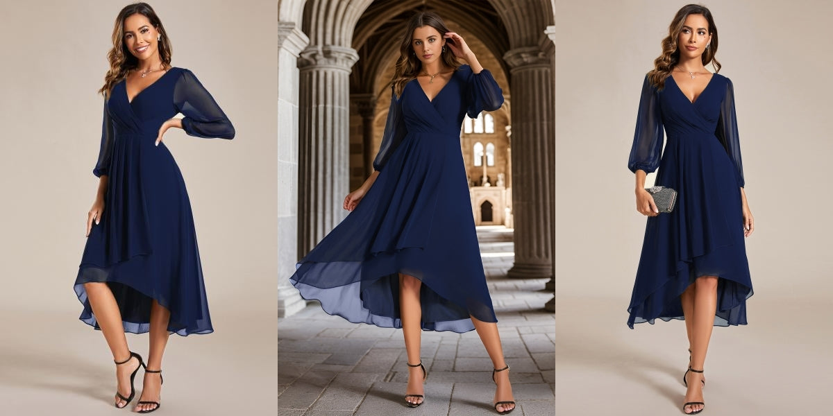 Navy Blue Elegant Long Sleeve V-Neck High Low Chiffon Bridesmaid Dress