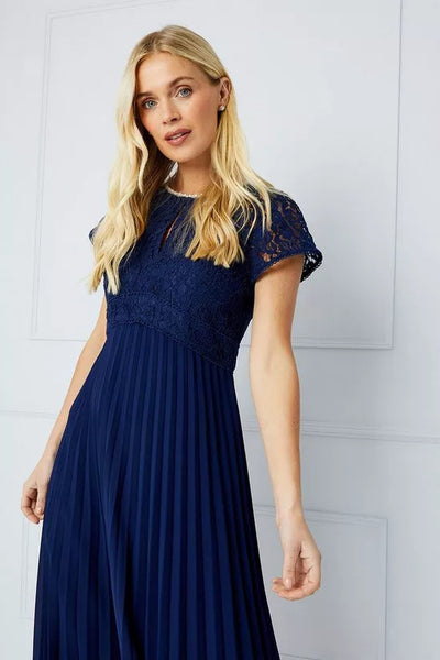 Pearl Trim Pleated Midi Dress