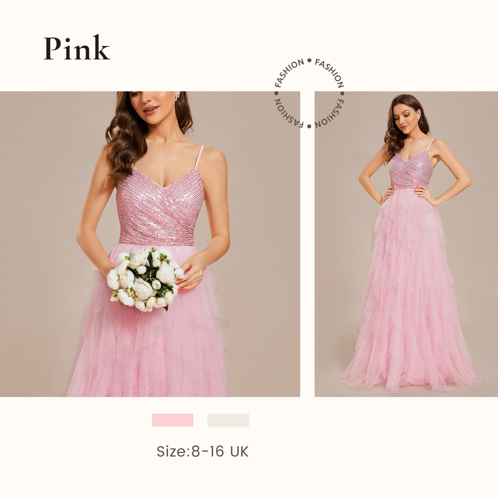 Pink Sparkling V-Neck Spaghetti Straps Tulle Wedding Dress