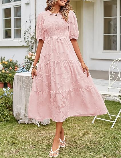Puff Sleeve Smocked Floral Dress in Pink