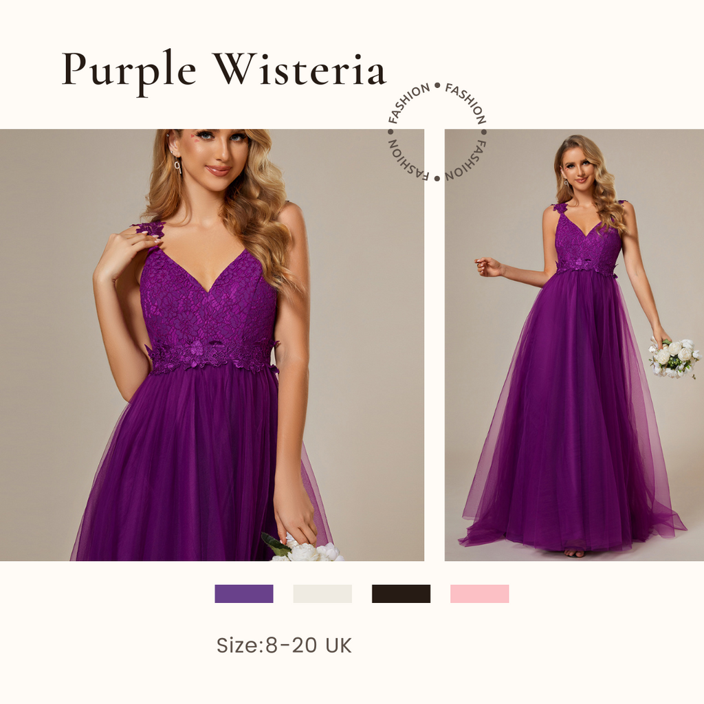 Purple Wisteria V Neck Lace Bodice Floor Length Tulle Wedding Dress