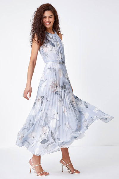 Roman Grey Floral Pleated Maxi Dress