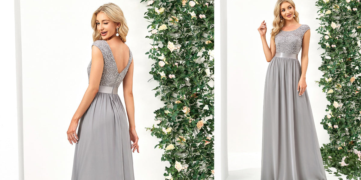 Round Neck V Back Lace Bridesmaid Dress in Grey