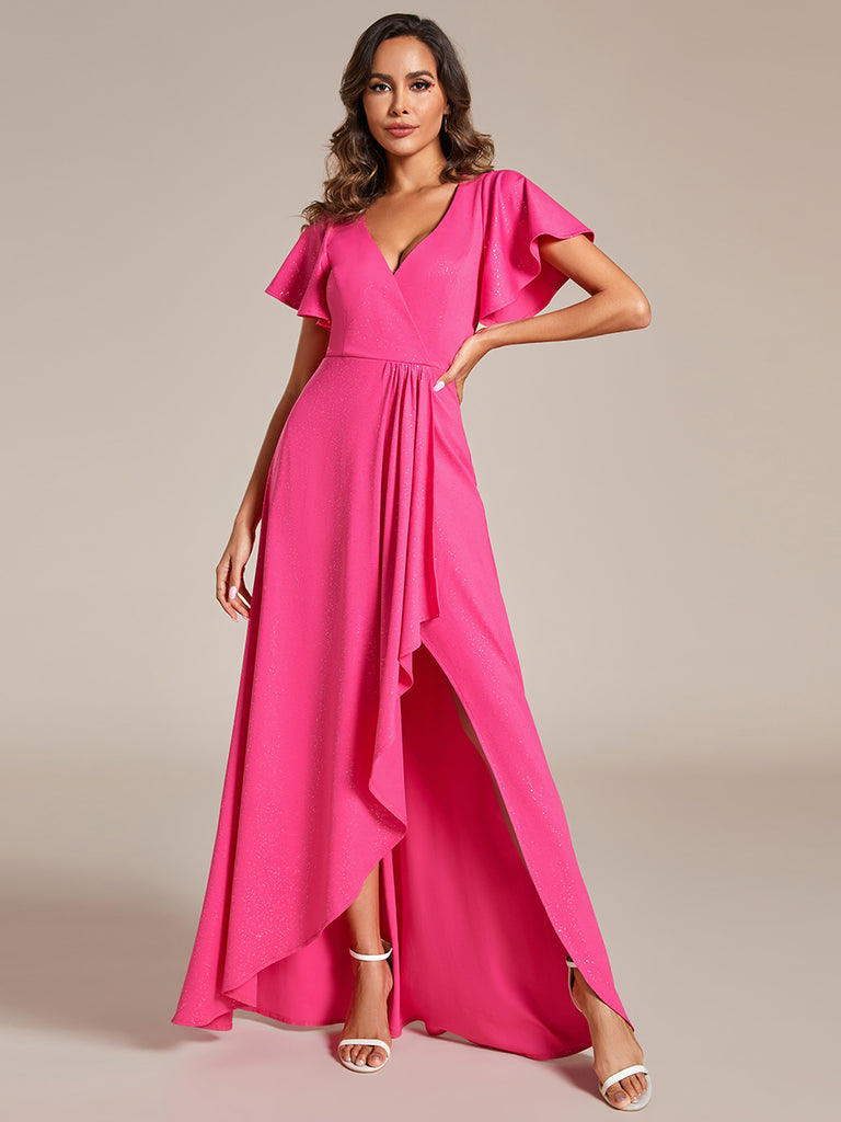 Ruffle Sleeves V Neck High Low Dress in Hot Pink