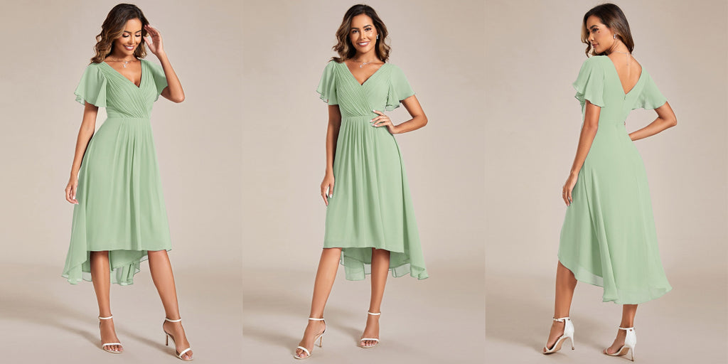 Sage Green Chiffon Midi Dress with Ruffle Sleeves