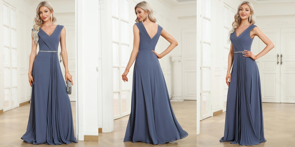 Sleeveless Pleated V-Neck Draped Chiffon Sequin Evening Dress