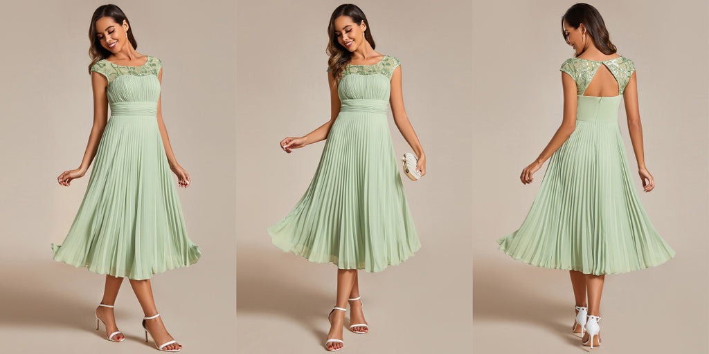 Tea-Length Sage Green Pleated Dress