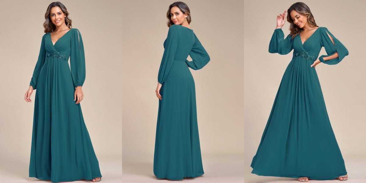 Teal V-Neck Long Sleeve Applique A-Line Chiffon Bridesmaid Dress