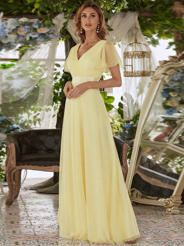 Tulle Bridesmaid Dress with Short Sleeve in Yellow