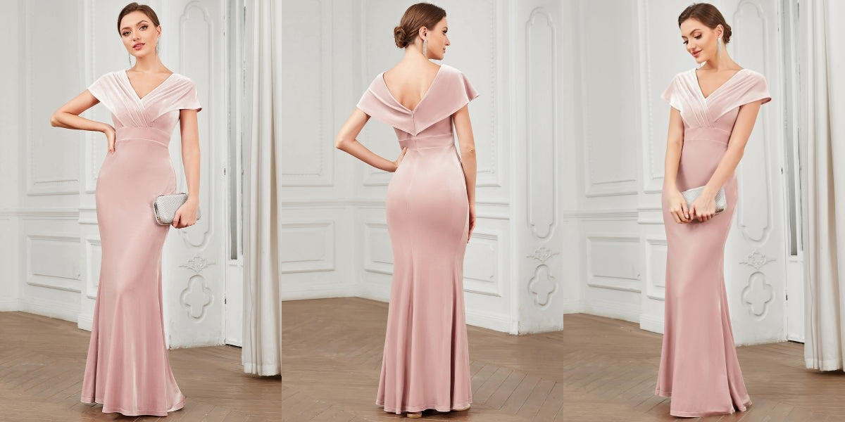Velvet Pleated V-Neck Cap Sleeve Column Floor-Length Evening Dress