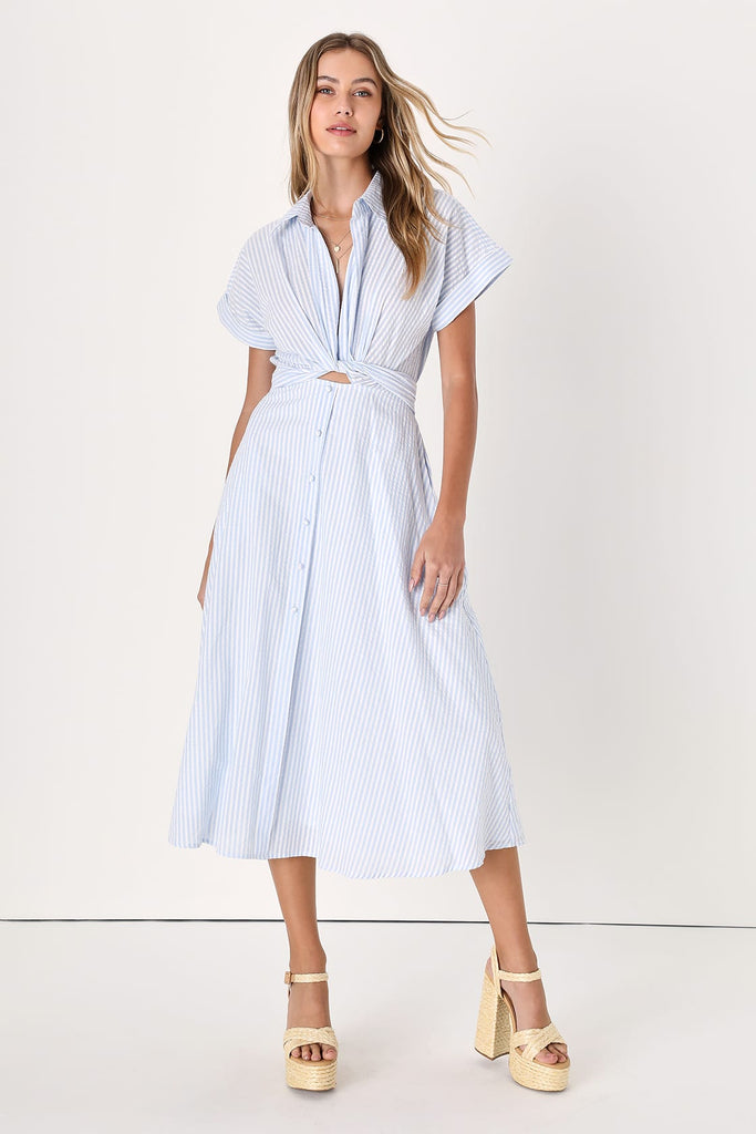 White and Blue Midi Shirt Dress With Pockets