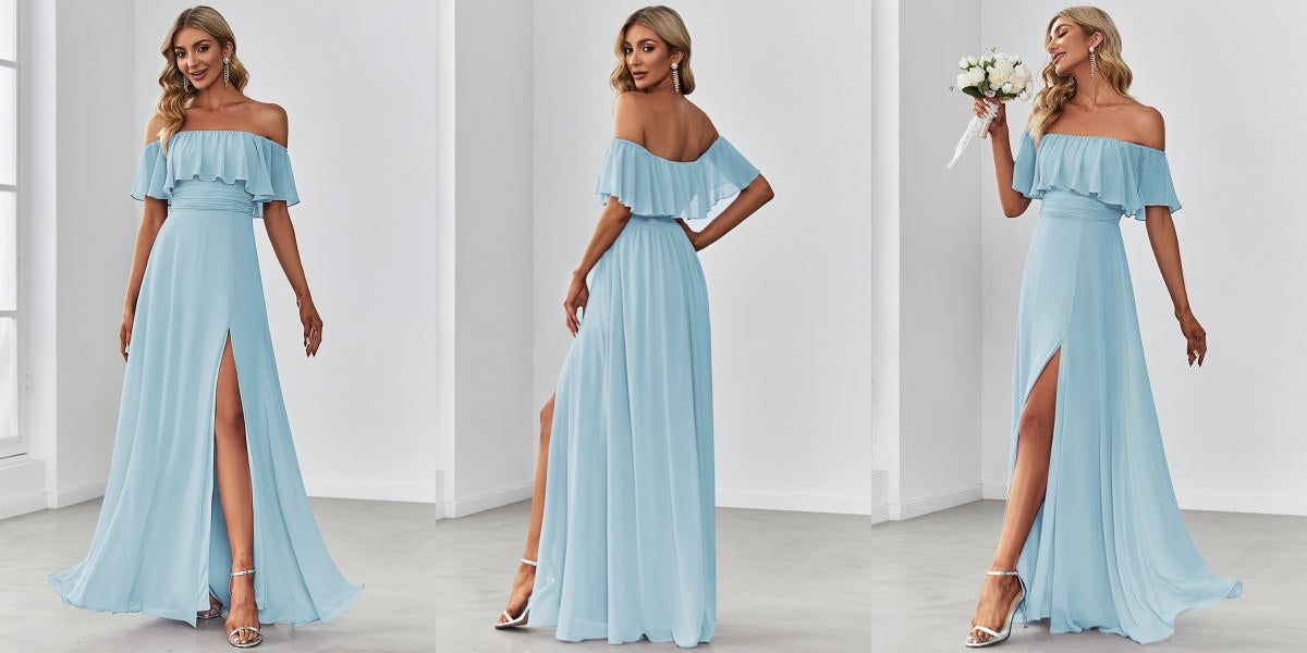 Women's Off Shoulder Ruffle Thigh Split Bridesmaid Dresses